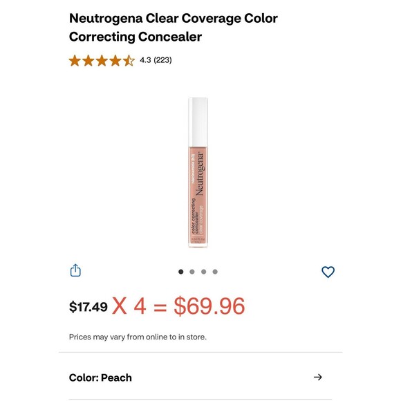 4PCS - Neutrogena Clear Coverage Color Correcting Concealer Deep Peach NEW - Picture 2 of 3